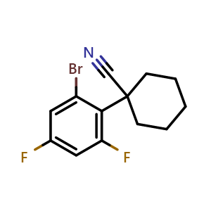 Chemical structure of 1-(2-Bromo-4,6-difluorophenyl)cyclohexane-1-carbonitrile , AChemBlock AD276100
