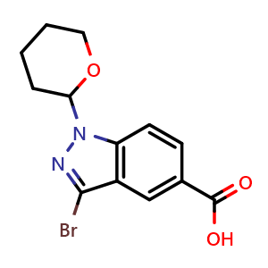 Chemical structure of 3-Bromo-1-(tetrahydro-2H-pyran-2-yl)-1H-indazole-5-carboxylic acid , AChemBlock AD276104