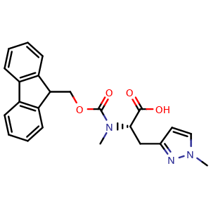 Chemical structure of (S)-2-N-Me-Fmoc-3-(1-methyl-1H-pyrazol-3-yl)-Ala-OH , AChemBlock AD276161