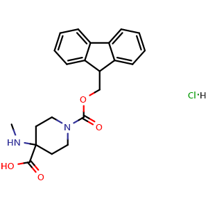 Chemical structure of 1-(((9H-Fluoren-9-yl)methoxy)carbonyl)-4-(methylamino)piperidine-4-carboxylic acid hydrochloride , AChemBlock AD276173