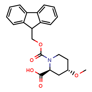 Chemical structure of (2S,4S)-1-Fmoc-4-methoxypiperidine-2-carboxylic acid , CAS 3037659-93-8, AChemBlock AD276371