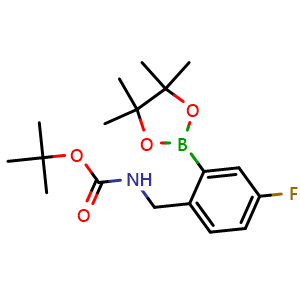 Chemical structure of tert-Butyl (4-fluoro-2-(4,4,5,5-tetramethyl-1,3,2-dioxaborolan-2-yl)benzyl)carbamate , AChemBlock AD276391