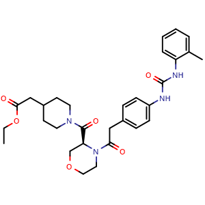 Chemical structure of Ethyl (S)-2-(1-(4-(2-(4-(3-(o-tolyl)ureido)phenyl)acetyl)morpholine-3-carbonyl)piperidin-4-yl)acetate , AChemBlock AD276396