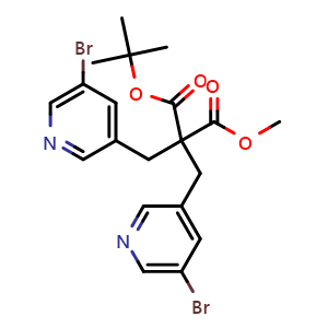 Chemical structure of 1-(tert-Butyl) 3-methyl 2,2-bis((5-bromopyridin-3-yl)methyl)malonate , AChemBlock AD276438