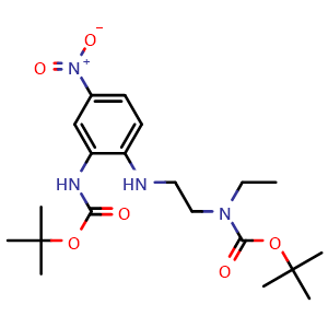 Chemical structure of tert-Butyl (2-((2-((tert-butoxycarbonyl)amino)-4-nitrophenyl)amino)ethyl)(ethyl)carbamate , AChemBlock AD276451
