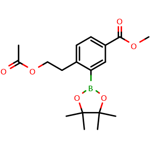 Chemical structure of Methyl 4-(2-acetoxyethyl)-3-(4,4,5,5-tetramethyl-1,3,2-dioxaborolan-2-yl)benzoate , AChemBlock AD276454