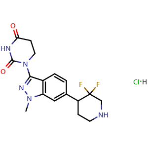 Chemical structure of 1-(6-(3,3-difluoropiperidin-4-yl)-1-methyl-1H-indazol-3-yl)dihydropyrimidine-2,4(1H,3H)-dione hydrochloride , CAS 2654822-47-4, AChemBlock AD276460