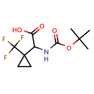 Chemical structure of 2-(Boc-amino)-2-[1-(trifluoromethyl)cyclopropyl]acetic acid , CAS 1098188-08-9, AChemBlock AD276489