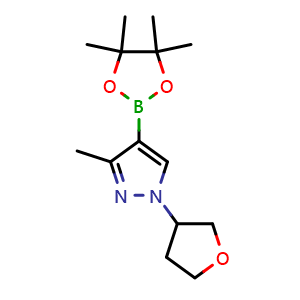 Chemical structure of 3-Methyl-1-(tetrahydrofuran-3-yl)pyrazole-4-boronic acid pinacol ester , CAS 2222997-32-0, AChemBlock AD276510