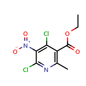 Chemical structure of Ethyl 4,6-Dichloro-2-methyl-5-nitronicotinate , CAS 57268-81-2, AChemBlock AD276525