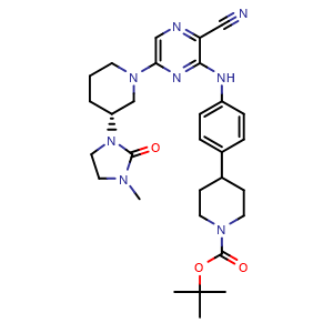 Chemical structure of (R)-3-[[4-(1-Boc-4-piperidyl)phenyl]amino]-5-[3-(3-methyl-2-oxoimidazolidin-1-yl)-1-piperidyl]pyrazine-2-carbonitrile , CAS 2416131-99-0, AChemBlock AD276527
