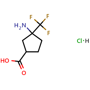 Chemical structure of 3-Amino-3-(trifluoromethyl)cyclopentanecarboxylic acid hydrochloride , CAS 2839143-04-1, AChemBlock AD276546