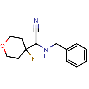 Chemical structure of 2-(Benzylamino)-2-(4-fluorotetrahydro-2H-pyran-4-yl)acetonitrile , CAS 1620450-72-7, AChemBlock AD276564