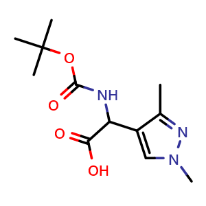 Chemical structure of 2-(Boc-amino)-2-(1,3-dimethyl-4-pyrazolyl)acetic acid , CAS 1543655-27-1, AChemBlock AD276644