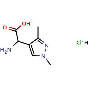 Chemical structure of 2-Amino-2-(1,3-dimethyl-4-pyrazolyl)acetic acid hydrochloride , CAS 2230802-94-3, AChemBlock AD276645