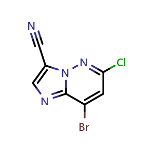 Chemical structure of 8-Bromo-6-chloroimidazo[1,2-b]pyridazine-3-carbonitrile , CAS 1220631-46-8, AChemBlock AD276695