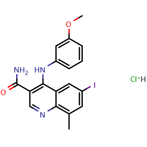 Chemical structure of 6-Iodo-4-[(3-methoxyphenyl)amino]-8-methylquinoline-3-carboxamide hydrochloride , CAS 801315-47-9, AChemBlock AD276717