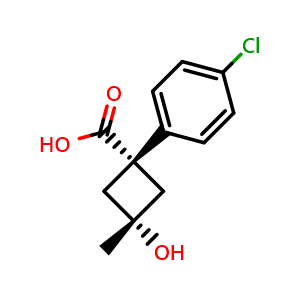 Chemical structure of trans-1-(4-Chlorophenyl)-3-hydroxy-3-methylcyclobutanecarboxylic acid , CAS 1370618-05-5, AChemBlock AD276794