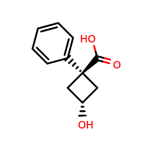 Chemical structure of trans-3-Hydroxy-1-phenylcyclobutanecarboxylic acid , CAS 2387286-05-5, AChemBlock AD276795