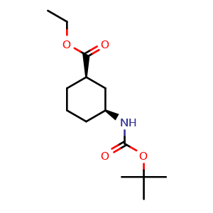 Chemical structure of Ethyl cis-3-(Boc-amino)cyclohexanecarboxylate , CAS 1240164-14-0, AChemBlock AD276815