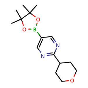 Chemical structure of 2-(Tetrahydro-2H-pyran-4-yl)-5-(4,4,5,5-tetramethyl-1,3,2-dioxaborolan-2-yl)pyrimidine , CAS 1402166-38-4, AChemBlock AD276888