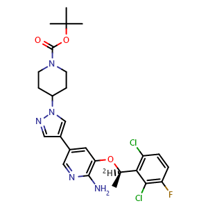 Chemical structure of 1,1-Dimethylethyl 4-[4-[6-amino-5-[(1R)-1-(2,6-dichloro-3-fluorophenyl)ethoxy-1-d]-3-pyridinyl]-1H-pyrazol-1-yl]-1-piperidinecarboxylate , CAS 1265484-29-4, AChemBlock AD276900