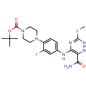 Chemical structure of 1-Boc-4-[4-[[6-carbamoyl-3-(methylthio)-1,2,4-triazin-5-yl]amino]-2-fluorophenyl]piperazine , CAS 2930765-95-8, AChemBlock AD276916