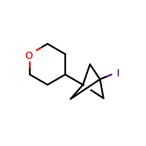 Chemical structure of 4-(3-Iodobicyclo[1.1.1]pentan-1-yl)tetrahydro-2H-pyran , CAS 2680533-05-3, AChemBlock AD276928