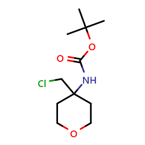 Chemical structure of N-Boc-4-(chloromethyl)tetrahydro-2H-pyran-4-amine , CAS 1690823-96-1, AChemBlock AD276937