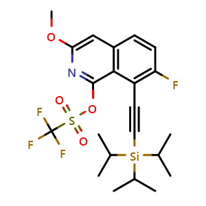 Chemical structure of 7-Fluoro-3-methoxy-8-[(triisopropylsilyl)ethynyl]isoquinolin-1-yl trifluoromethanesulfonate , CAS 3025004-37-6, AChemBlock AD276944