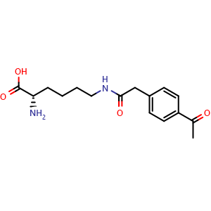 Chemical structure of (S)-6-[2-(4-Acetylphenyl)acetamido]-2-aminohexanoic acid , CAS 2740599-05-5, AChemBlock AD276953