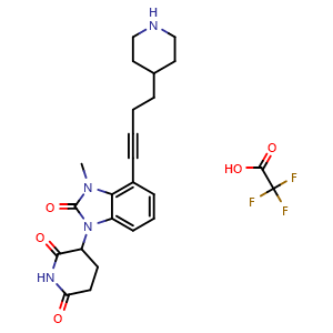 Chemical structure of 3-[3-methyl-2-oxo-4-[4-(4-piperidyl)but-1-ynyl]benzimidazol-1-yl]piperidine-2,6-dione 2,2,2-trifluoroacetic acid , CAS 2767166-92-5, AChemBlock AD277073