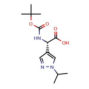 Chemical structure of (2S)-2-{[(tert-Butoxy)carbonyl]amino}-2-[1-(propan-2-yl)-1H-pyrazol-4-yl]acetic acid , CAS 2350005-07-9, AChemBlock AD277091