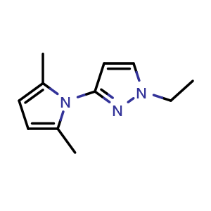 Chemical structure of 3-(2,5-dimethylpyrrol-1-yl)-1-ethyl-pyrazole , CAS 1702192-55-9, AChemBlock AD277129