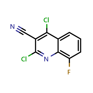 Chemical structure of 2,4-dichloro-8-fluoro-quinoline-3-carbonitrile , CAS 1446408-71-4, AChemBlock AD277139