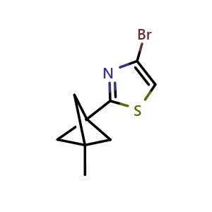 Chemical structure of 4-Bromo-2-(3-methyl-1-bicyclo[1.1.1]pentanyl)thiazole , CAS 2697155-68-1, AChemBlock AD277181