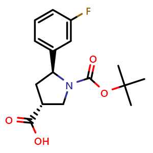 Chemical structure of (3R,5S)-1-tert-Butoxycarbonyl-5-(3-fluorophenyl)pyrrolidine-3-carboxylic acid , CAS 2639624-62-5, AChemBlock AD277198