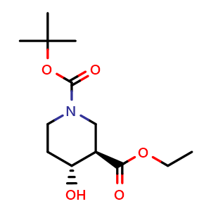 Chemical structure of O1-tert-Butyl O3-ethyl (3R,4R)-4-hydroxypiperidine-1,3-dicarboxylate , CAS 2281864-20-6, AChemBlock AD277227