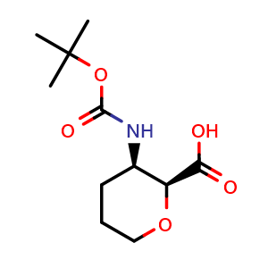 Chemical structure of (2S,3R)-3-(tert-Butoxycarbonylamino)tetrahydropyran-2-carboxylic acid , CAS 2787518-39-0, AChemBlock AD277229