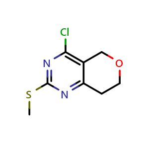 Chemical structure of 4-Chloro-2-(methylsulfanyl)-5H,7H,8H-pyrano[4,3-d]pyrimidine , CAS 338740-00-4, AChemBlock AD277239