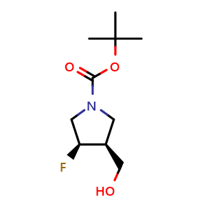 Chemical structure of tert-Butyl (3R,4S)-3-fluoro-4-(hydroxymethyl)pyrrolidine-1-carboxylate , CAS 1629740-50-6, AChemBlock AD277255