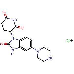 Chemical structure of 3-(3-Methyl-2-oxo-5-piperazin-1-yl-benzimidazol-1-yl)piperidine-2,6-dione hydrochloride , CAS 2573305-61-8, AChemBlock AD277257