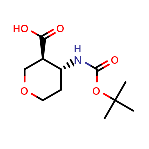 Chemical structure of (3S,4R)-4-(tert-Butoxycarbonylamino)tetrahydropyran-3-carboxylic acid , CAS 2068085-10-7, AChemBlock AD277258