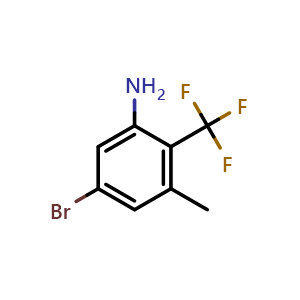 Chemical structure of 5-bromo-3-methyl-2-(trifluoromethyl)aniline , CAS 1805948-37-1, AChemBlock AD277261