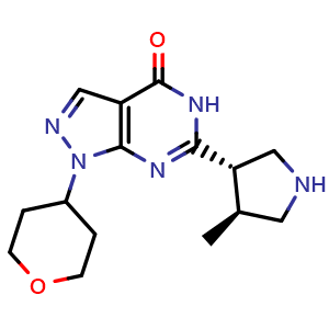 Chemical structure of 6-[(3S,4S)-4-Methylpyrrolidin-3-yl]-1-tetrahydropyran-4-yl-5H-pyrazolo[3,4-d]pyrimidin-4-one , CAS 1083049-05-1, AChemBlock AD277267