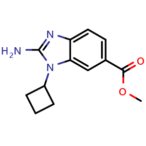 Chemical structure of methyl 2-amino-1-cyclobutyl-1H-1,3-benzodiazole-6-carboxylate , CAS 2115128-62-4, AChemBlock AD277269