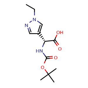 Chemical structure of (2R)-2-{[(tert-Butoxy)carbonyl]amino}-2-(1-ethyl-1H-pyrazol-4-yl)acetic acid , CAS 2350214-94-5, AChemBlock AD277280