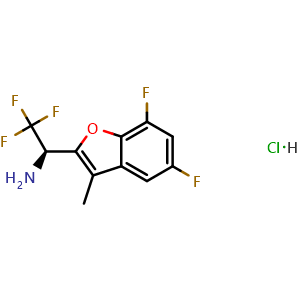 Chemical structure of (1R)-1-(5,7-Difluoro-3-methyl-benzofuran-2-yl)-2,2,2-trifluoro-ethanamine hydrochloride , CAS 3075548-69-2, AChemBlock AD277302