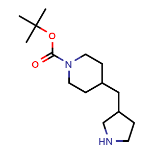 Chemical structure of tert-Butyl 4-[(pyrrolidin-3-yl)methyl]piperidine-1-carboxylate , CAS 1781833-56-4, AChemBlock AD277303
