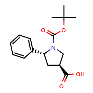 Chemical structure of rel-(3S,5R)-1-tert-Butoxycarbonyl-5-phenyl-pyrrolidine-3-carboxylic acid , CAS 2409181-68-4, AChemBlock AD277307
